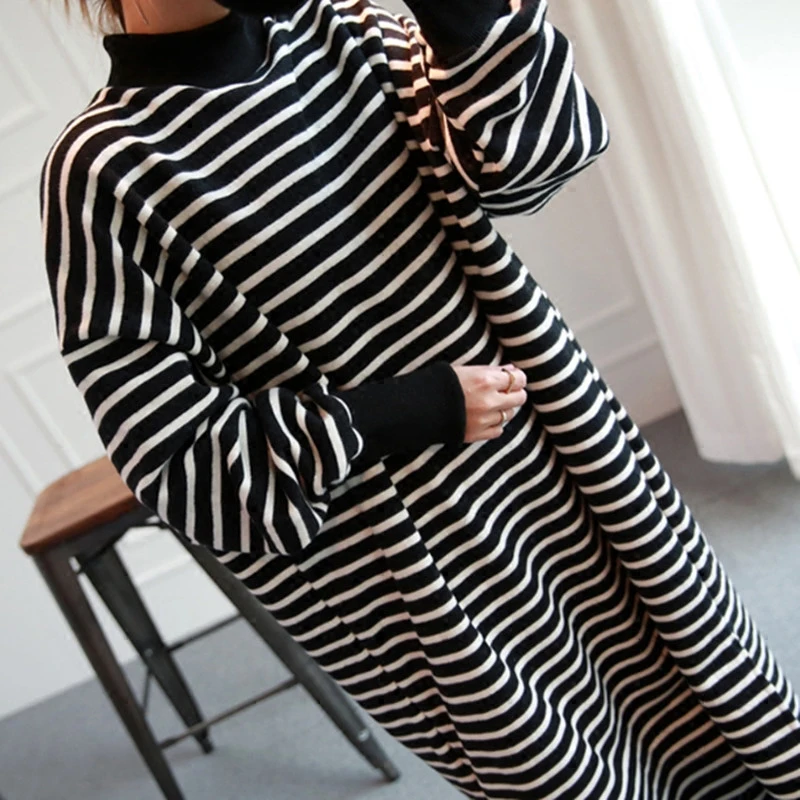 

SuperAen New Autumn Winter Velvet Long Loose Plus Size Striped Turtleneck Sweatshirt Women