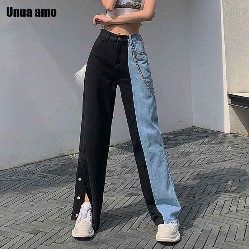 Unua amo Vintage Jeans For Women Streetwear Fashion Contrast Color Black Blue Spliced Wide Leg High Waist Split Jeans Woman