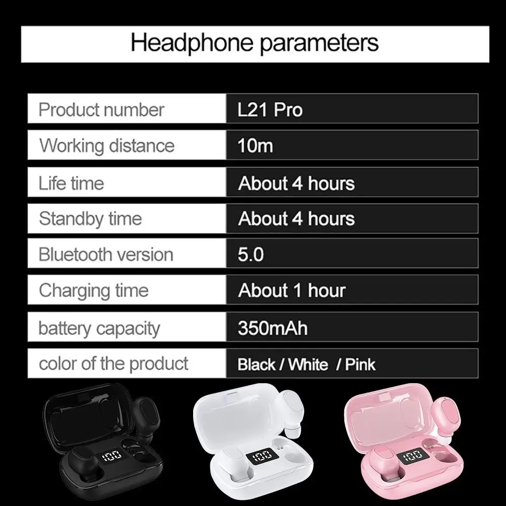 

L21 Pro TWS Bluetooth Wireless Headphones Waterproof Stereo In-Ear Sports Headsets For Iphone Xiaomi Music Earphones