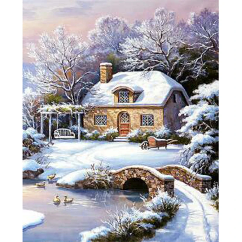 

5D DIY Diamond Painting Square/Round Diamond Landscape Painting Snow House Beautiful Scenery Picture Cross Stitch Decor TX435