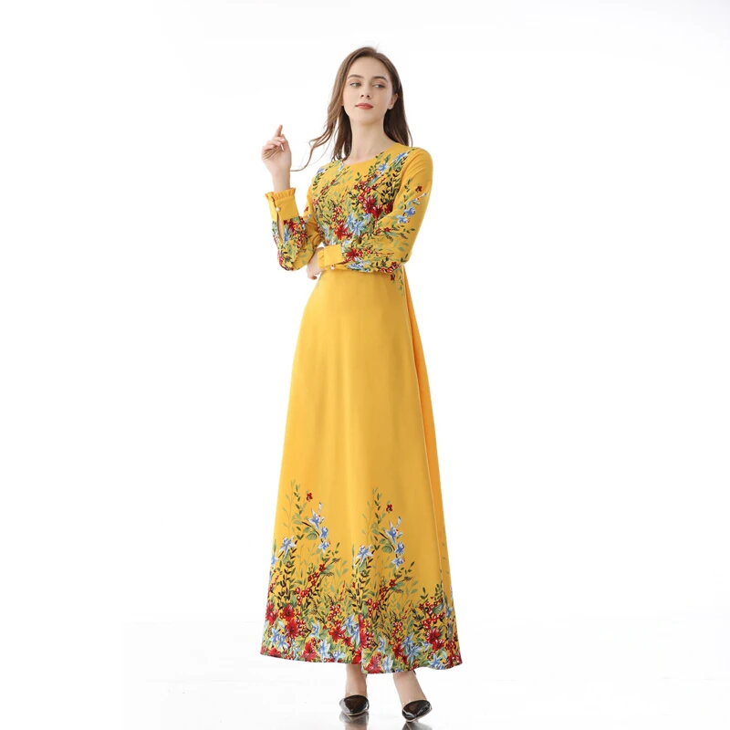 

Bohemia Yellow Floral Print Fashion Women Long Dress Elegant Muslim Arabian Oman Full Sleeve Maxi Dresses 2021 Newest Robe Femme