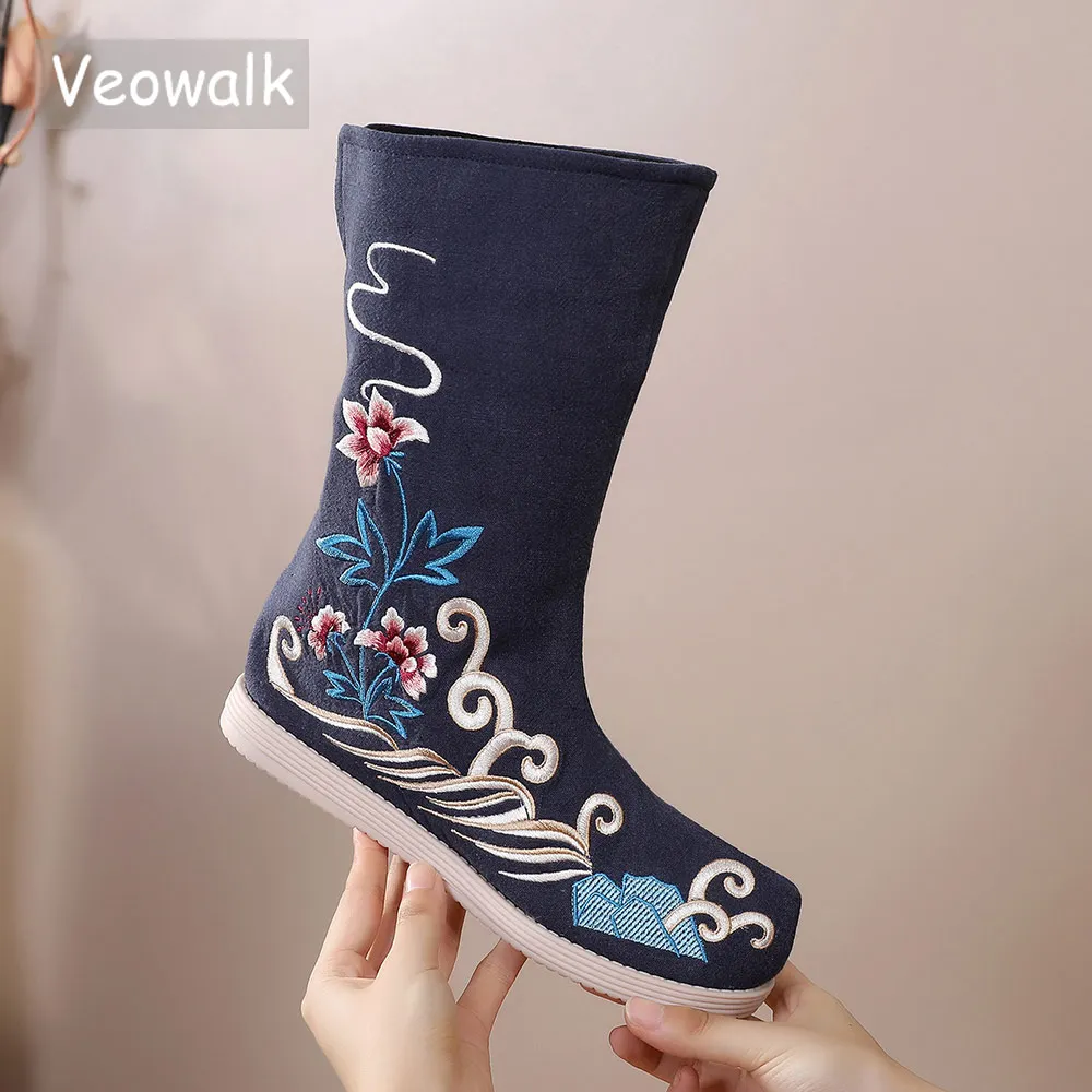 Veowalk/женские удобные парусиновые ботинки на плоской подошве; Винтажные ботинки для верховой езды на высоком каблуке 24 см в китайском стиле; удобная зимняя обувь с вышивкой