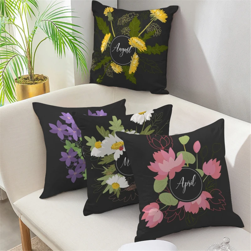

Black Flower Decorative Pillow Cases Pink Yellow Floral Print Throw Pillows for Living Room Bedroom Sofa Chair Cushion Cover