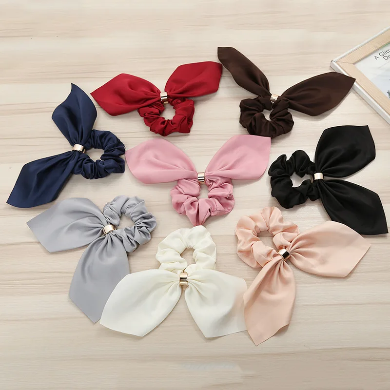 Sweet Solid Color Metal Elastic Bow Hair Band Button Hat Fixed  Women Girl Rabbit Ears Ponytail Soft Scrunchies Hair Accessories