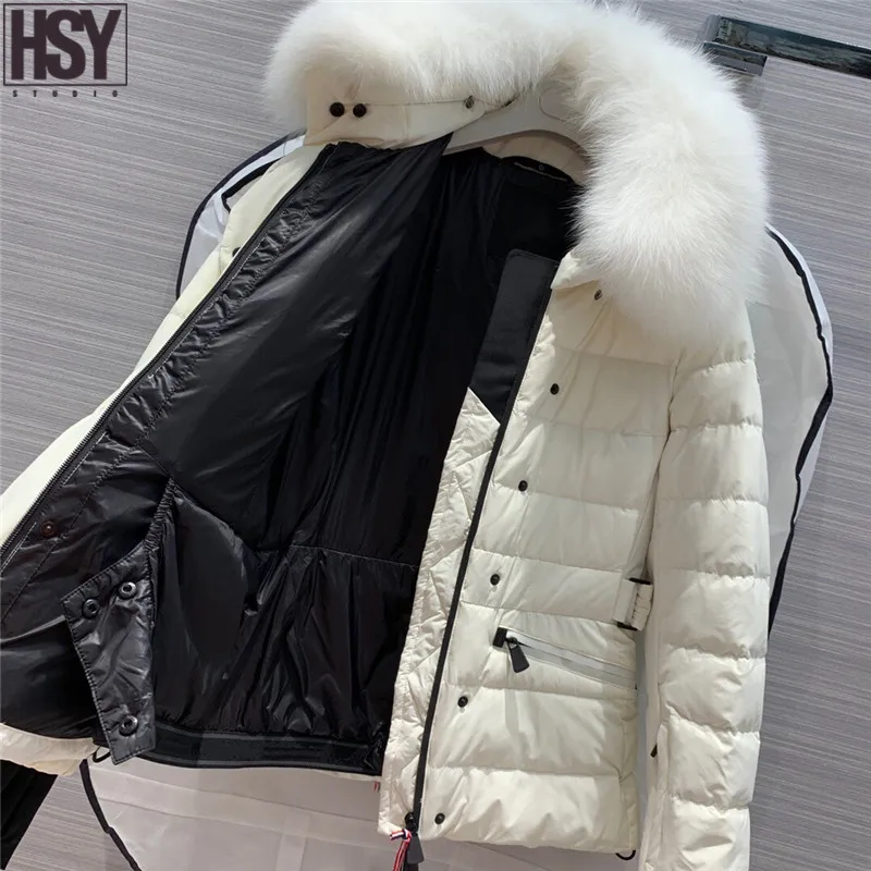 【HSY】 Осень Зима женский пуховик Белый Лисий меховой воротник 90% белый гусиный пух уличная Лыжная Талия пуховик черный/whi