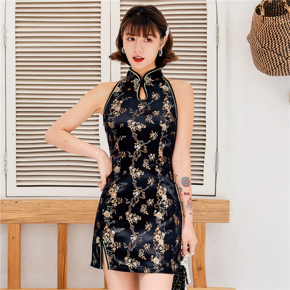 

Women Sexy Slim Sleeveless Mini Qipao Chinese Traditional Embroidery Flower Cheongsam Vintage Classic Chinese Dress Vestidos 3XL