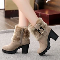 square heel women winter shoes classic buckle warm fur snow ladies boots high heels black platform ankle boots women botas