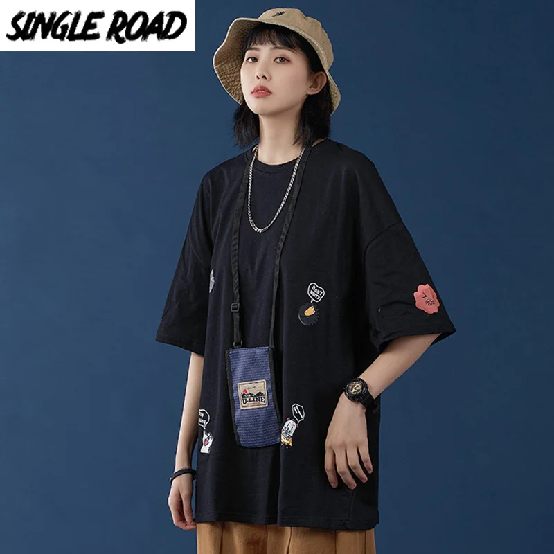 Футболка SingleRoad Женская 2020 черная унисекс хлопок хип хоп Харадзюку Японская