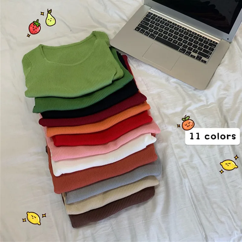 

Knitted T-Shirt Fashion Wild Solid Color T Shirt Casual Slim U-Neck Short Sleeve Tee Pullover Women's Tops