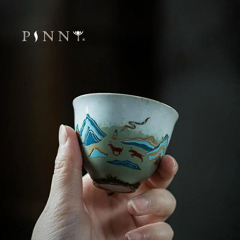 

PINNY 45ML Japanese Style Celadon Ceramic Teacups Retro Landscape Heat Resistant Tea Bowl Pigmented Kung Fu Tea Service