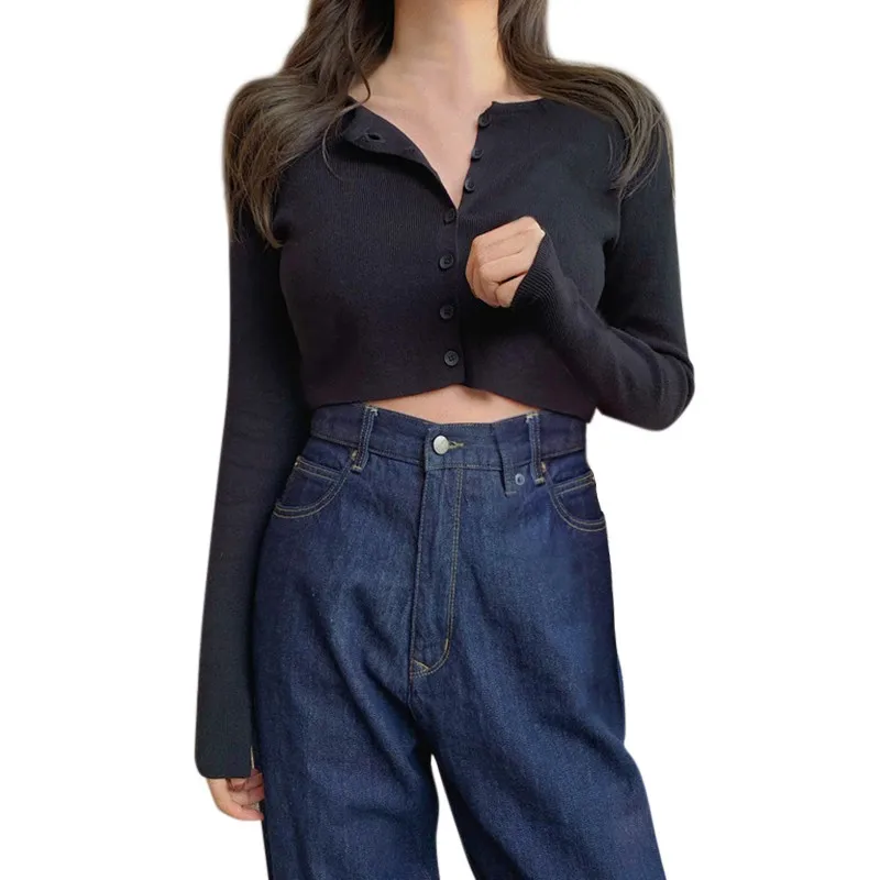

Women's Knitted Cardigan Sexy Solid Color T-shirt Crop Trendy Casual Long Sleeve Women T shirt