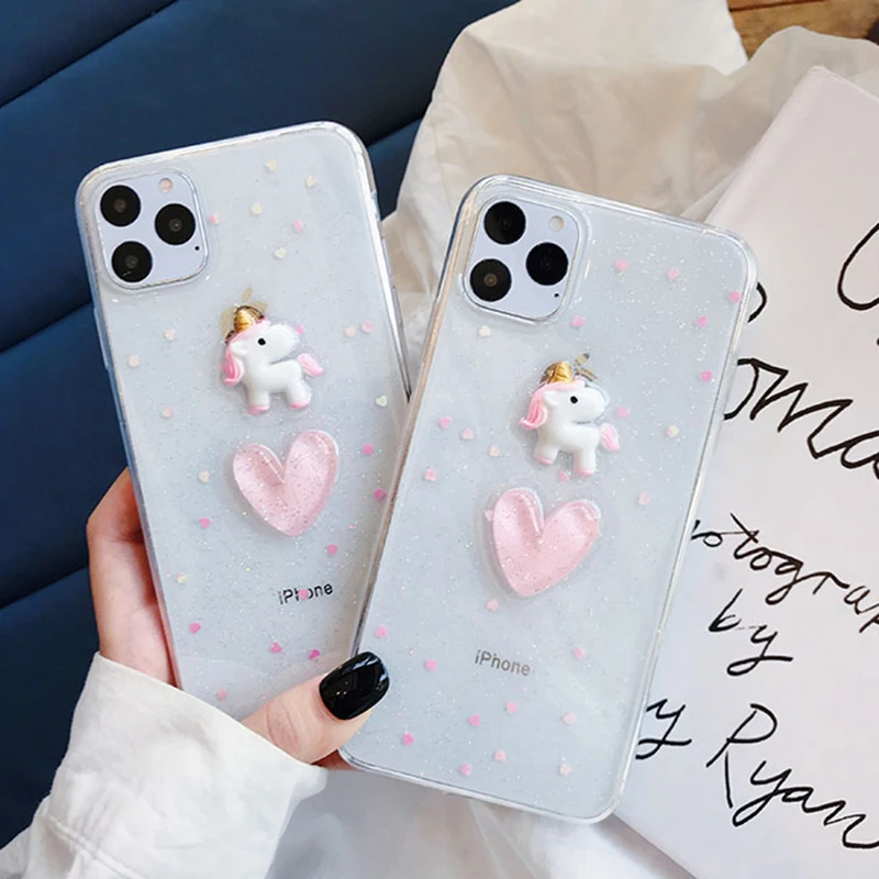 3D мультфильм милый Единорог телефонный чехол для iphone 11 Любовь Сердце Блестящий