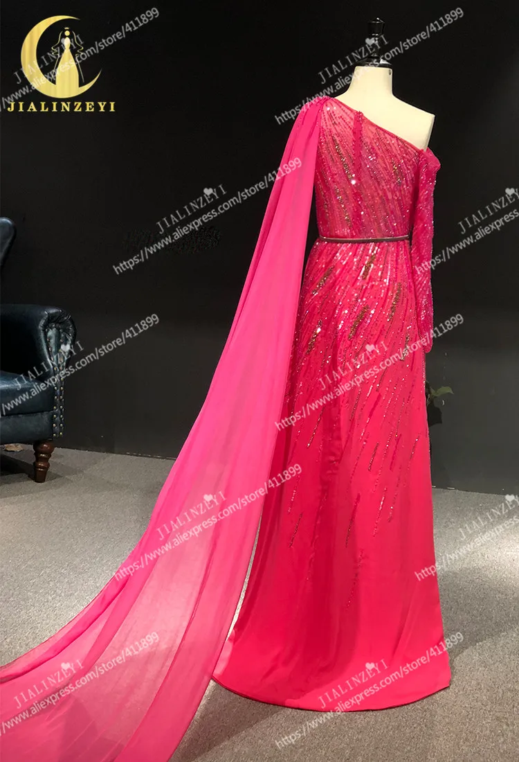 Rhine Real picture one shoulder beads sequins sexy robe longue abiti da seradress women evening dress long formal dresses