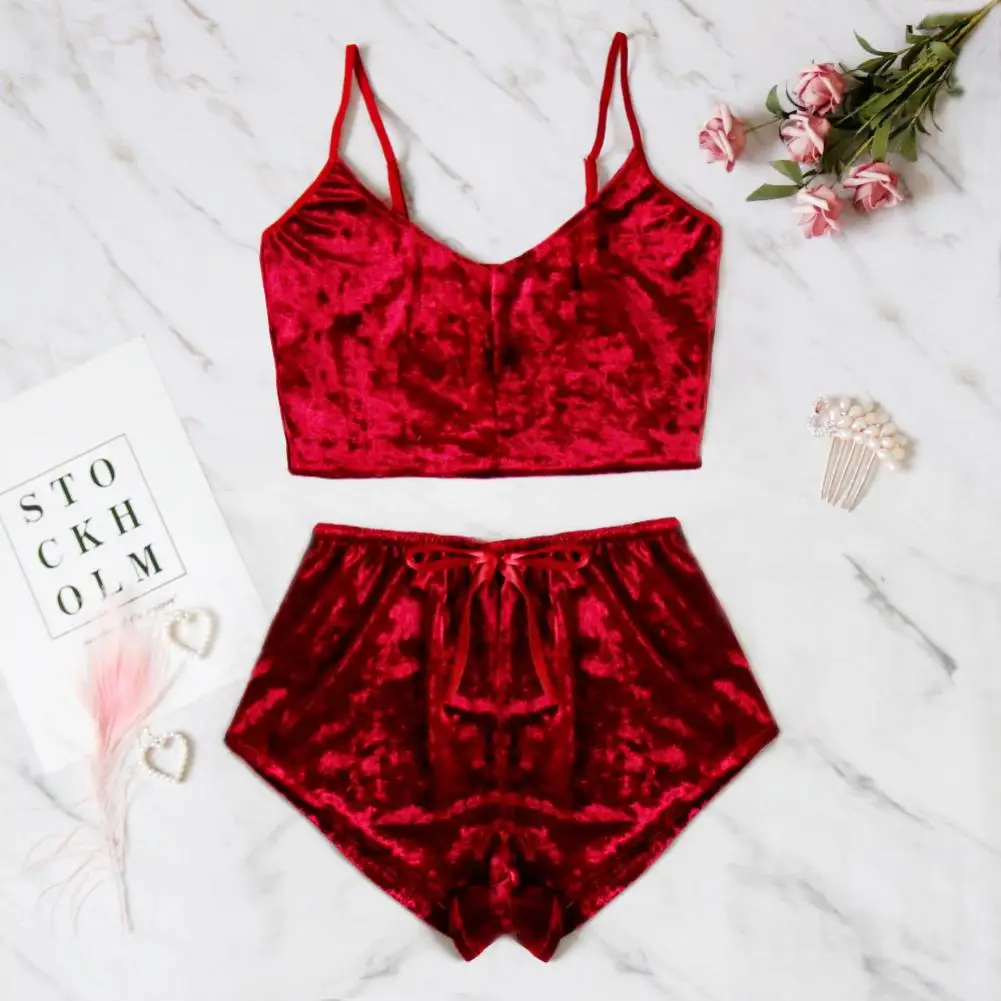 

Comfort Velvet women sleepwear pyjama set Solid Color Sexy Sleeveless Crop Top Camisole Micro Shorts pyjamas Women Sleepwear