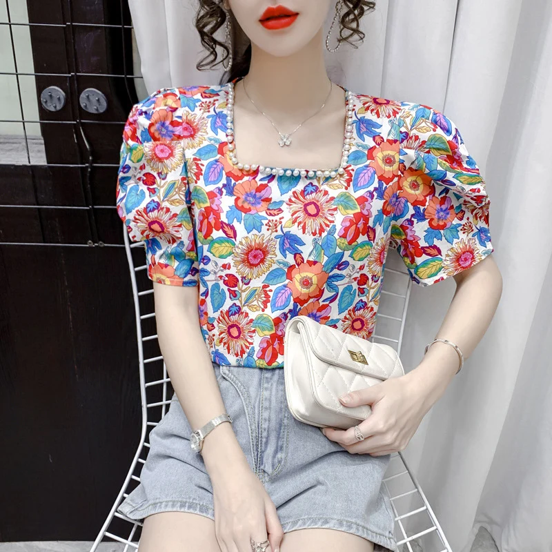 

Tshirt Polyester Harajuku Summer T-Shirts Women Clothes Casual Patchwork Tees Top Mujer Square Collar Short Sleeves Blouse Femme