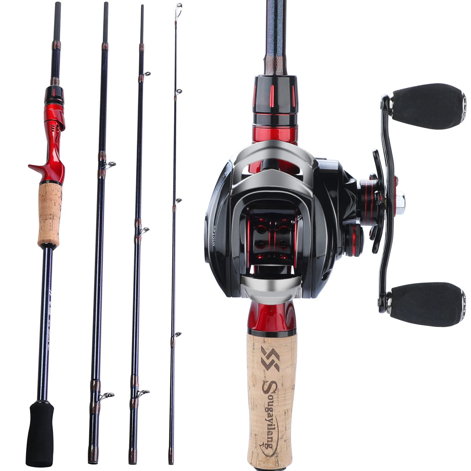 

Sougayilang 1.8m/2.1m/2.4m Portable 4 Sections 24 Ton Carbon Casting Fishing Rod and 11+1BB Baitcasting Reel Fishing Combo Pesca