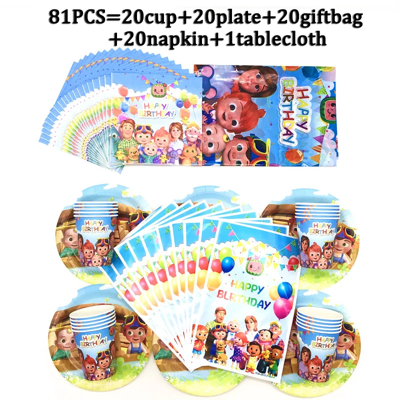 

51/81pcs Cocomelon Party Supplies Decoration For Kids Birthday Party Disposable Cup Plates Tableware Baby Shower Party Gift Bags