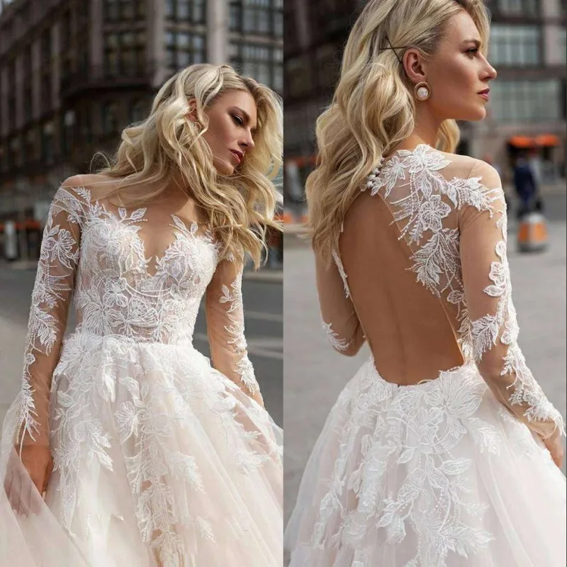 УМК кружева с длинным рукавом свадебное платье Сексуальная Открытая Спина