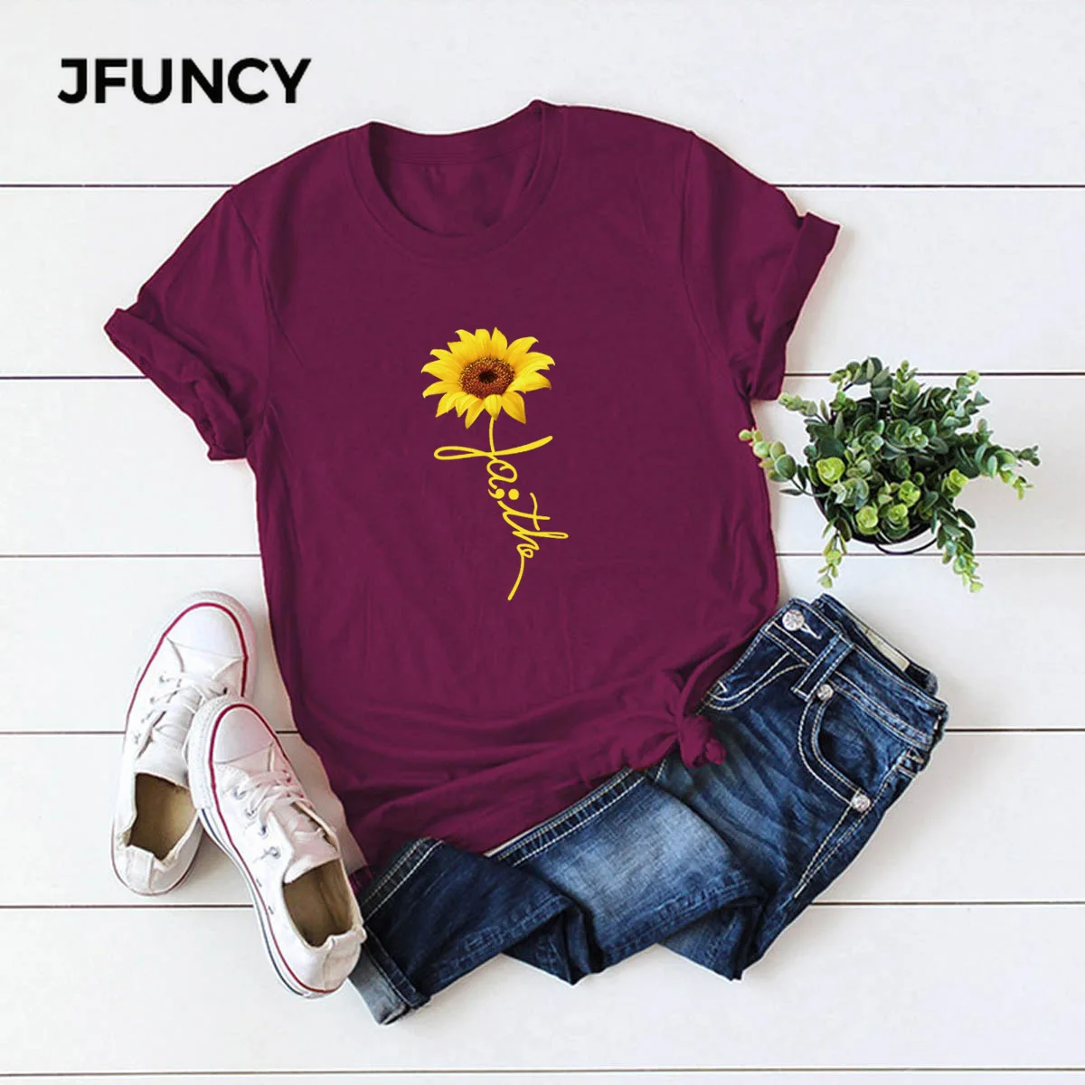 JFUNCY Women's T-shirts Sunflower Print Women Cotton T-shirt Gothic Harajuku Female Tshirt Shirts Tops Clothes Camiseta Mujer