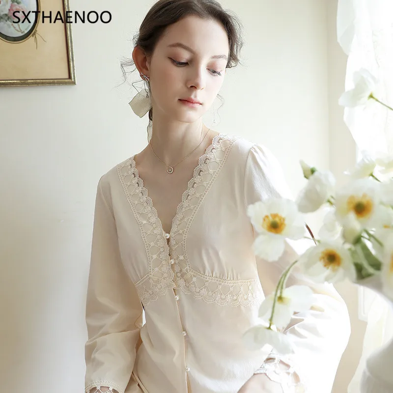 

SXTHAENOO модная кружевная ночная рубашка для женщин весна-осень ночная рубашка с длинным рукавом винтажная королевская Женская домашняя одежд...