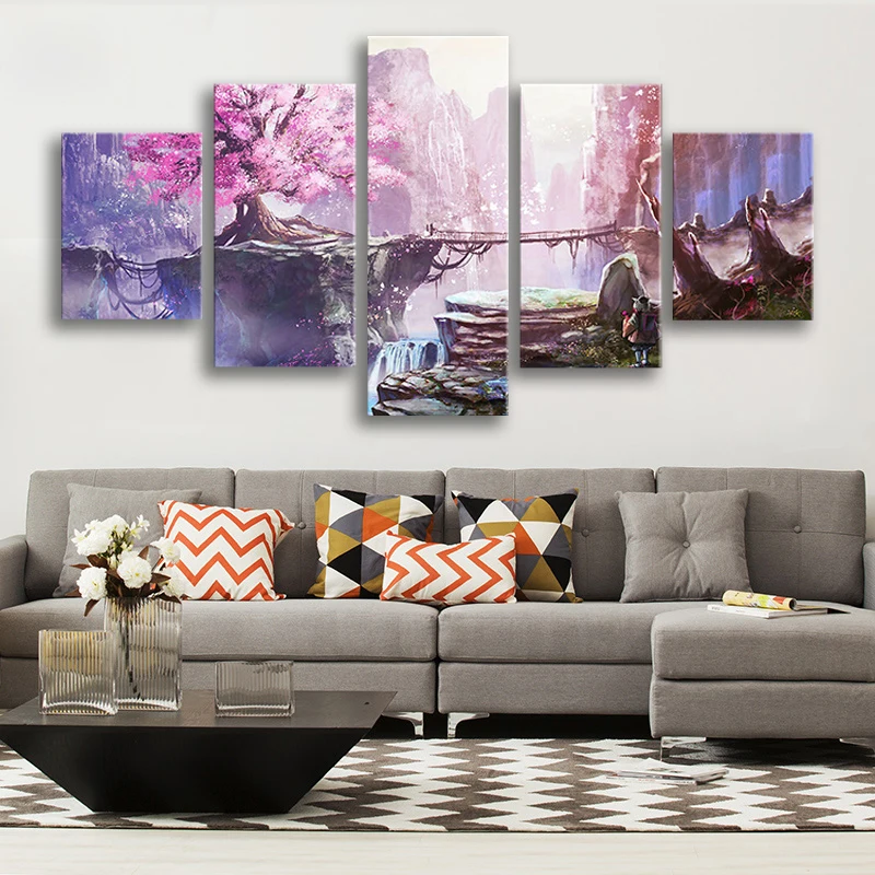 

Pink Cherry Blossom Anime 5 Pcs Canvas Picture Print Wall Art Canvas Painting Wall Decor for Living Room Poster