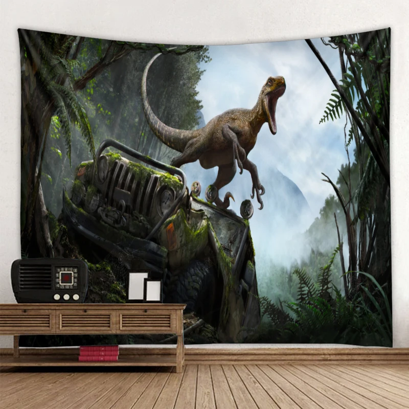 Динозавр на старом автомобиле гобелен полиэстер печать фон висячая ткань прямые