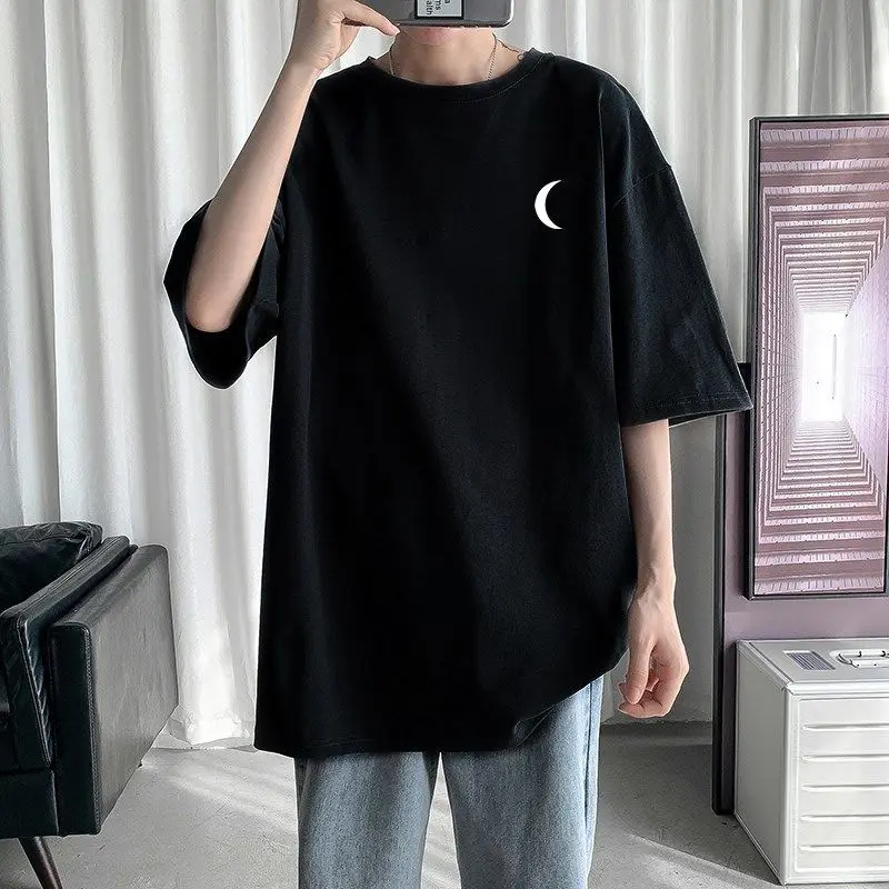 

brand solid-color print short-sleeved T-shirt men's Korean version of the loose base model 100 T-shirt five-point sleeves