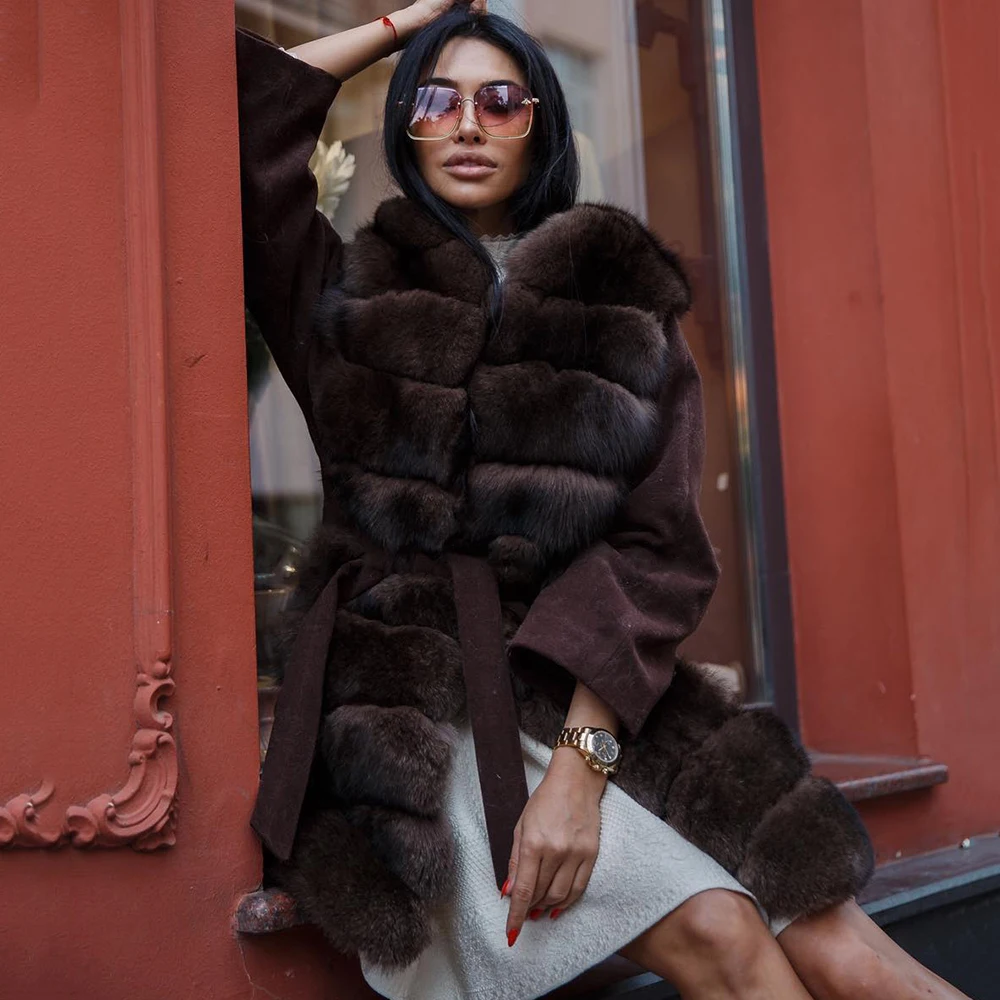 Women Fashion Real Wol Blend Coats With Long Fox Fur Collar Luxury Female Natural Fur Cashmere Coat Women Natural Fur Overcoats