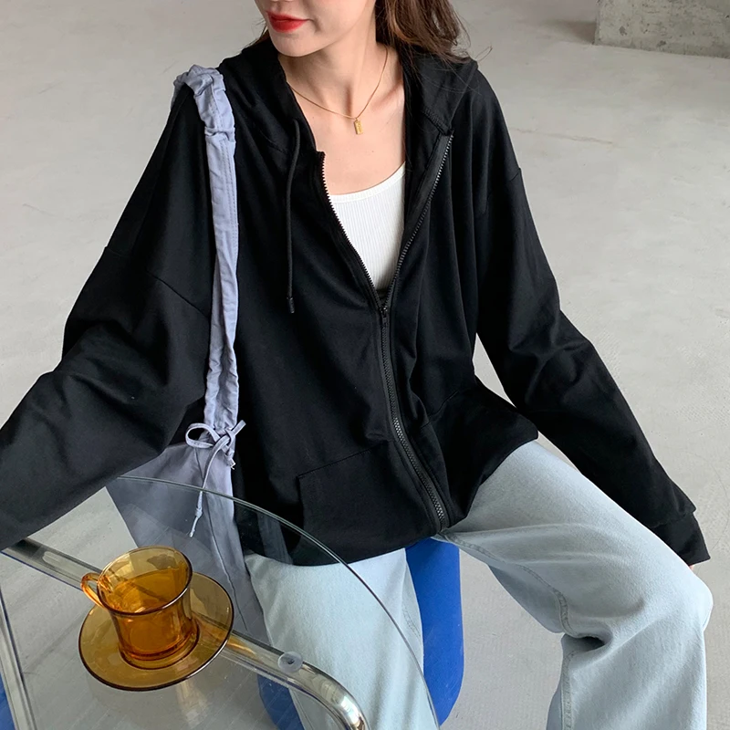 ZZSYKD Black Zip Up Hooded Sweatshirt Women Winter Jacket Coat Oversized Hoodies Retro Warm Pockets Long Sleeve Pullover Clothes