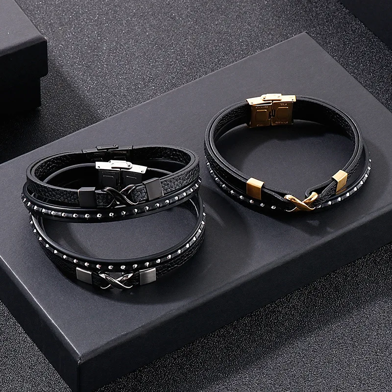 

Fashion Titanium Steel 8 Infinity Braided Leather Bracelet Stainless Steel Woven Multilayer Bracelets for Men and Women Jewelry