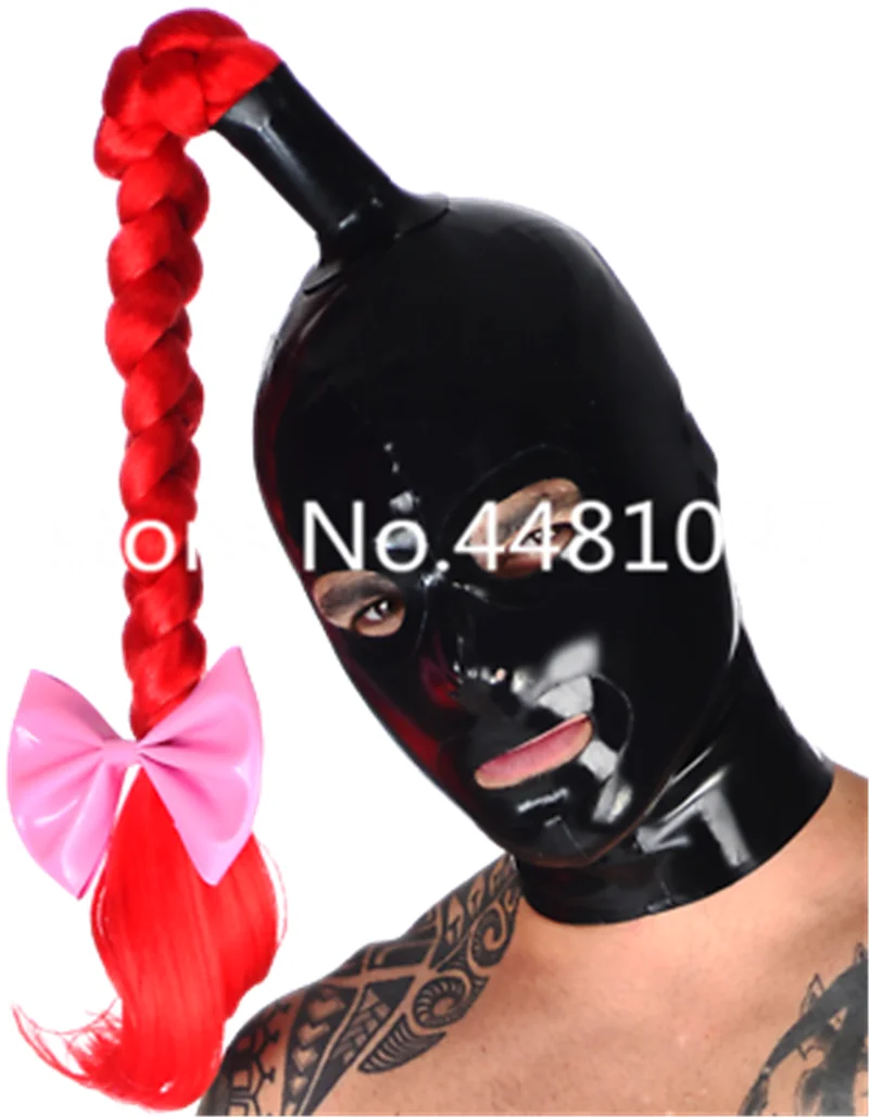 

Latex Cosplay Mask With Red Wig Open eyes mouth nose Fetish Rubber Hook Customized XS-XXL
