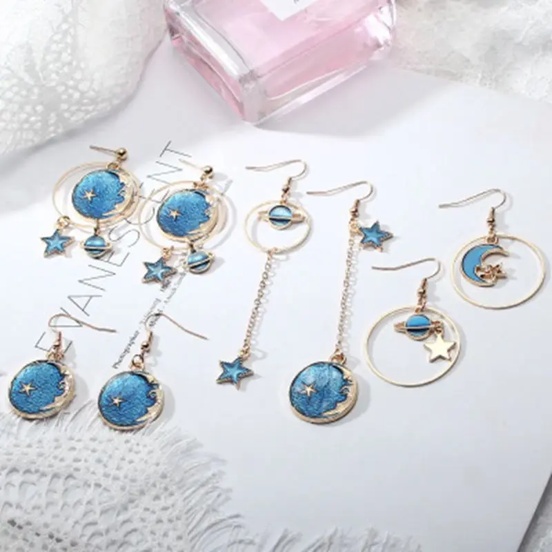 Sweet girl heart pink blue universe star earrings small fresh long asymmetric pendant | Украшения и аксессуары