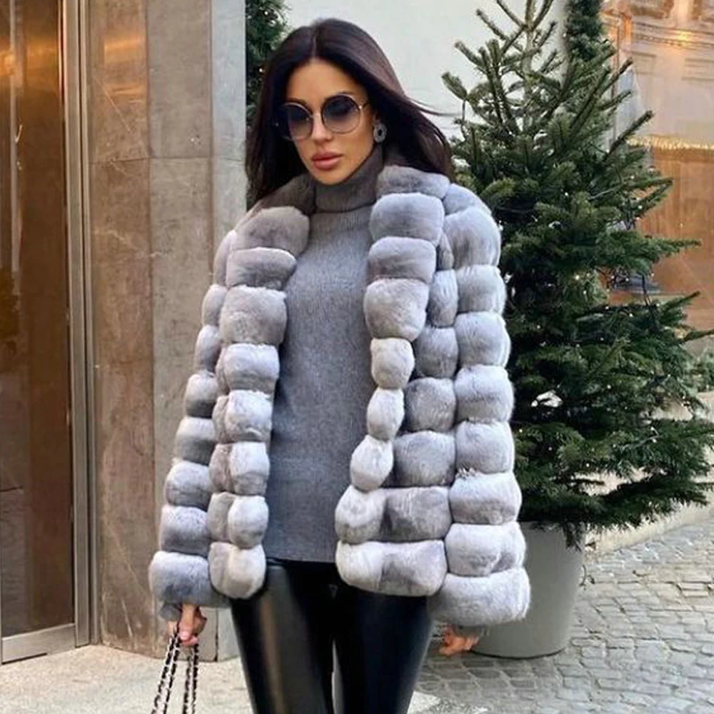 Women Natural Rex Rabbit Fur Coat Whole Skin Genuine Rex Rabbit Fur Jacket with Big Turn-down Collar Warm Fur Overcoats Luxury