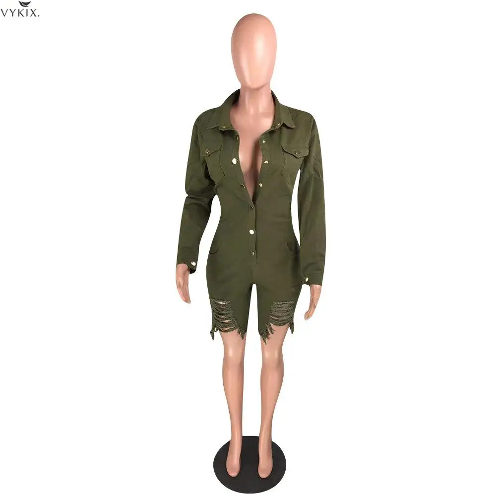 Полный рукав джинсовые сексуальные комбинезоны с пуговицами бандажные