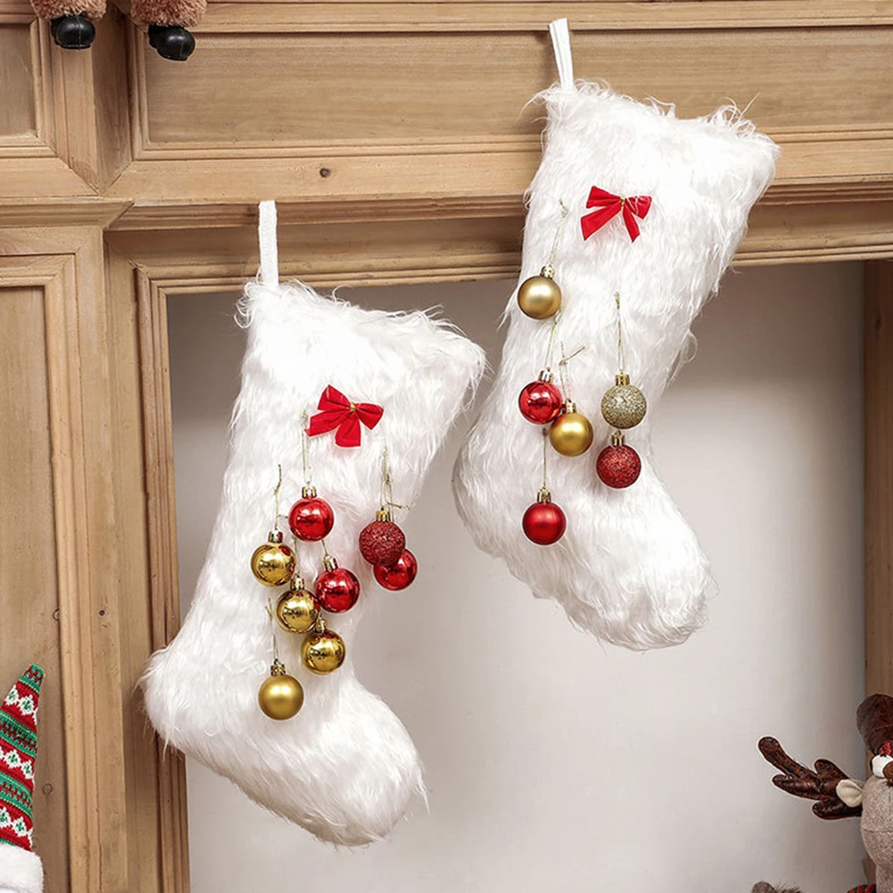 

Snowflakes Christmas Stockings Pearl White Plush Candy Socks Gifts Bag Xmas Tree Hanging Ornament Kids Gift Fireplace Decoration