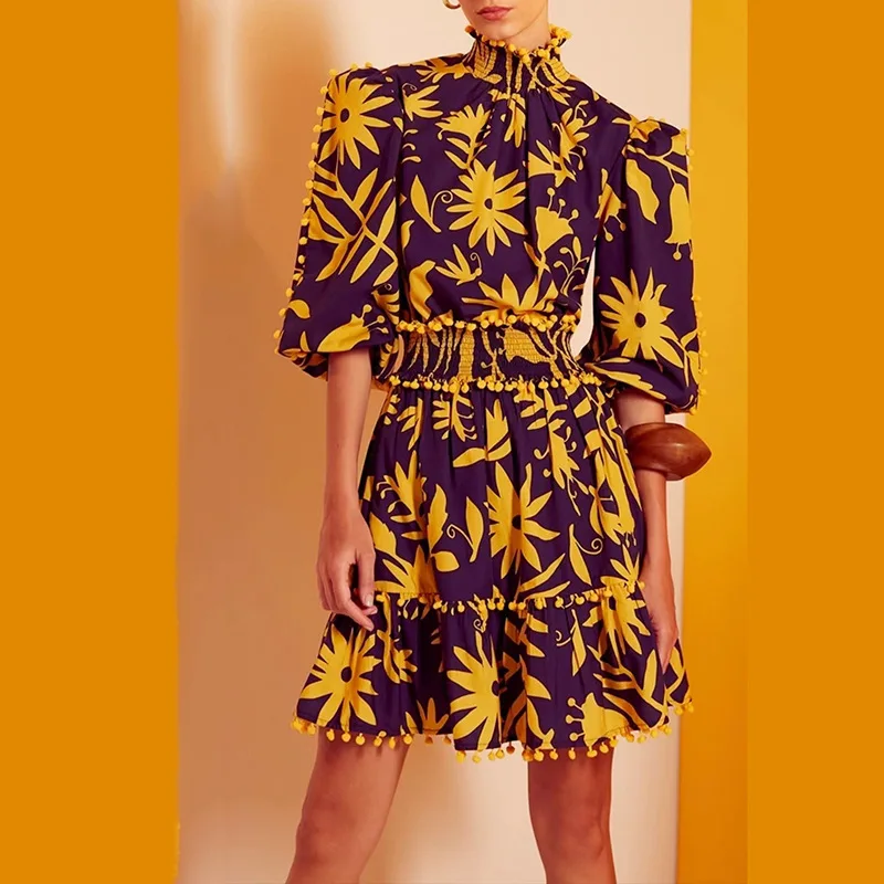 

MSXU 2021 summer new style stand-up collar printing printing and dyeing temperament stitching slim A-line short women's dress