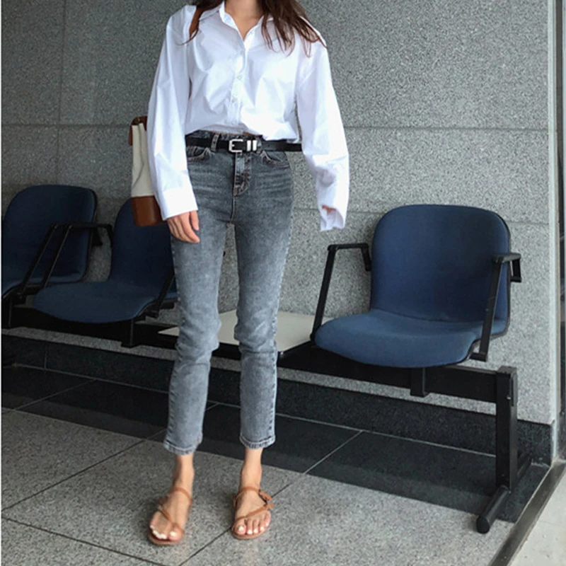 Офисные женские прямые джинсы со средней талией для женщин элегантные