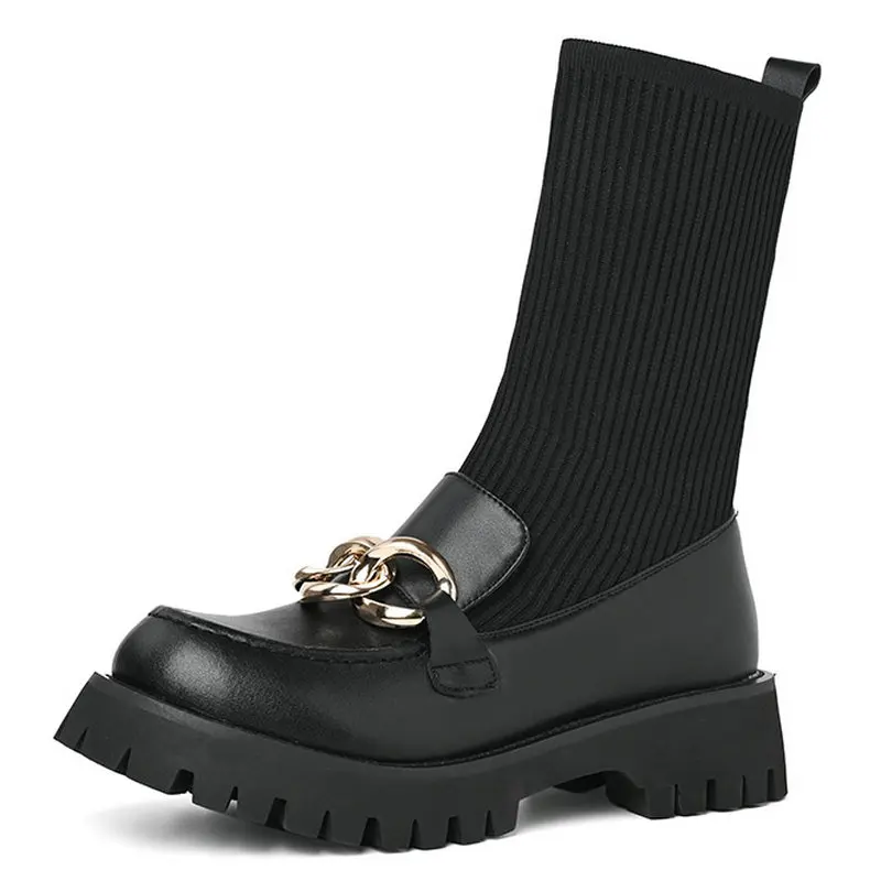 

Metal Decoration Women Ankle Boots 2021 Concise Genuine Leather knitting Autumn Winter Round Toe Thick Heels Casual Shoes Woman
