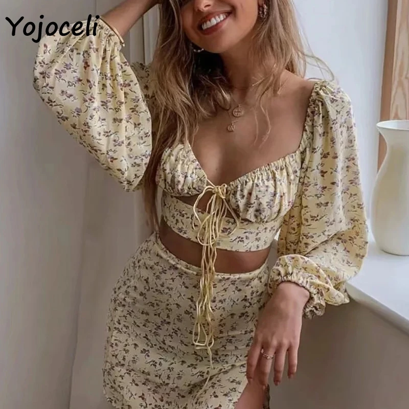 Yojoceli квадратная горловина цветочный принт блузки рубашка для женщин длинный