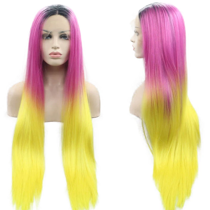 Hot Pink And Black Yellow Cosplay Ombre Lace Front Wig Long Straight Synthetic Frontal Glueless Wigs For Black Women Lolita  - buy with discount