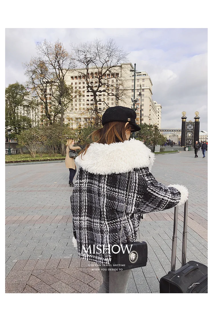 Mishow Зимние Короткие Шерстяные Пальто Женщин Плед Свободные Пальто С Длинным рукавом Большой Меховой Воротник Толстая Шерстяная Куртка Пальто MX18D8211