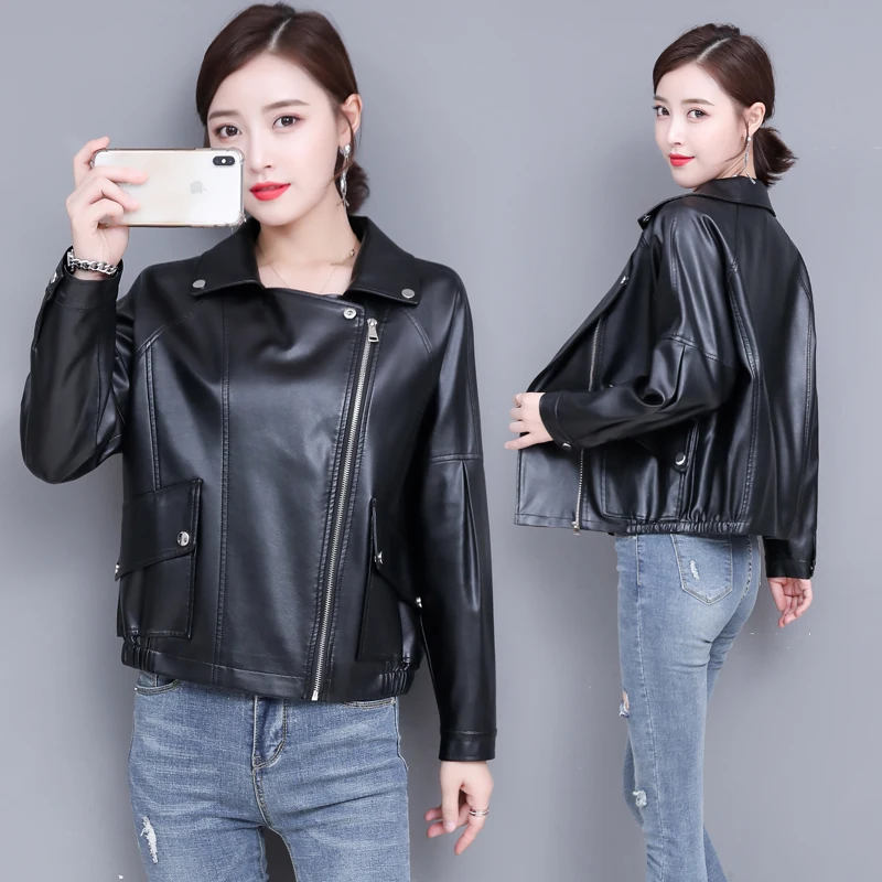 

Women Black Soft PU Leather Motocrycle Zipper Jacket XXL New Arrival Ladies Faux Sheepskin Jacket Female Streetwear Outerwear