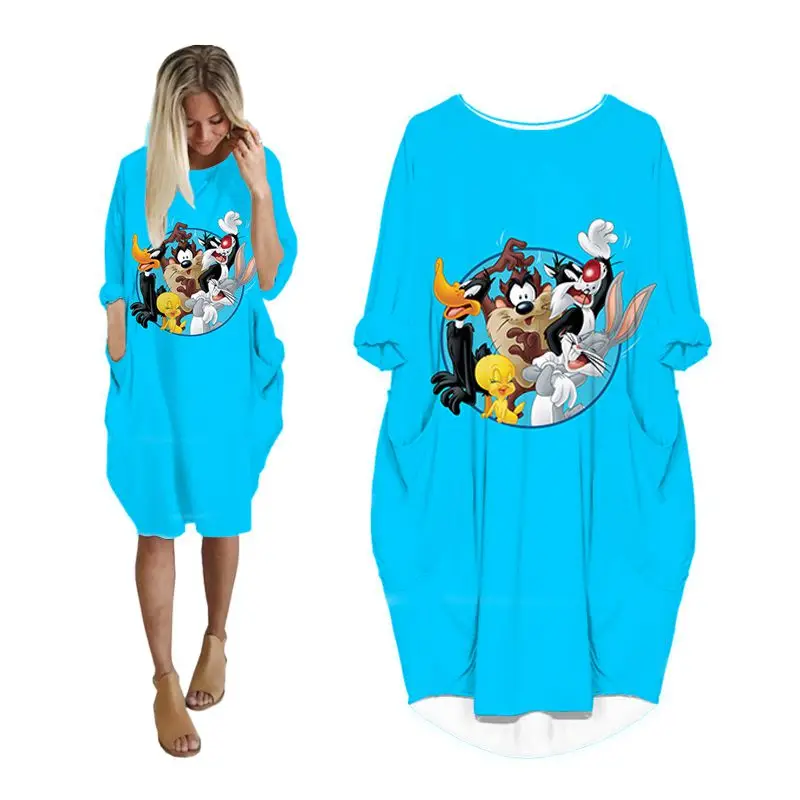 

midi dress women summer looney tunes 3d print streetwear korean fashion casual dresses shirt harajuku plus size punk clothing
