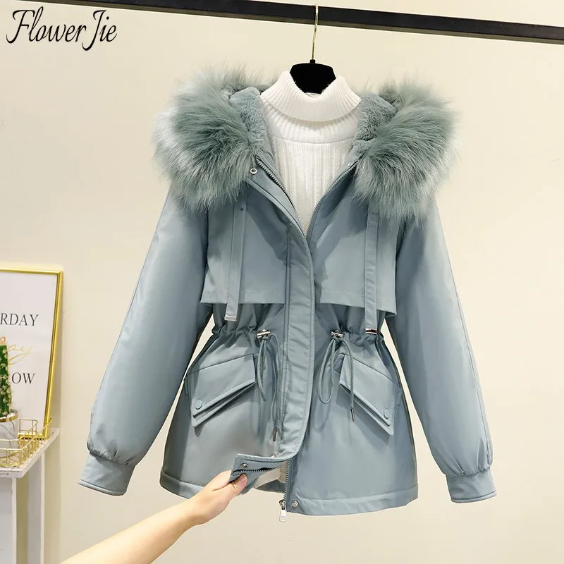 

Flower Jie Winter Jacket Women Hooded Fur Collar Thick Down Cotton Padded Coats Female Casual Plus Size Casual Parkas Femme