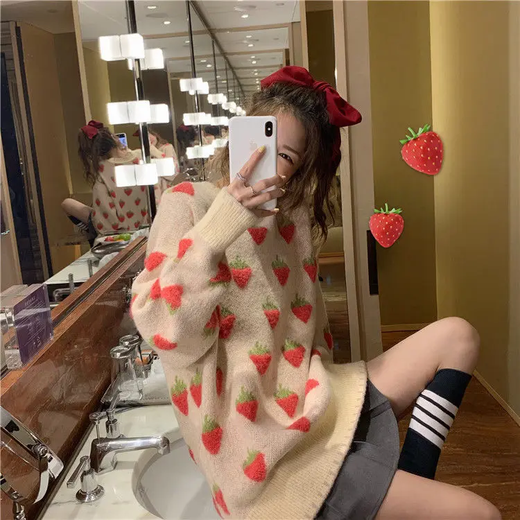

Sweet Cute Pink Cartoon Strawberry Peach Snowflake Knitted Sweater Women Loose Casual Pullover Sweater Winter Warm Woman Clothes