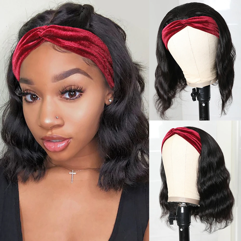 Body Wave Short Bob Wig with Headband Brazilian Human Hair Scarf Wig Glueless Sunber Hair Bob New Wavy Headband Wigs for Women