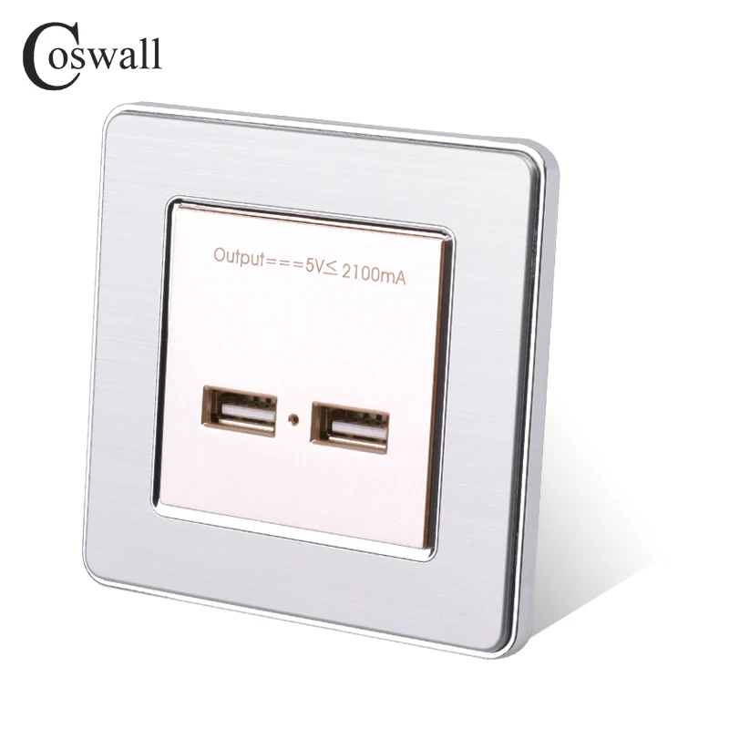 COSWALL настенная розетка с двумя usb-портами для зарядки для мобильных телефонов 5 в 2,1 А, светодиодный индикатор, панель из нержавеющей стали