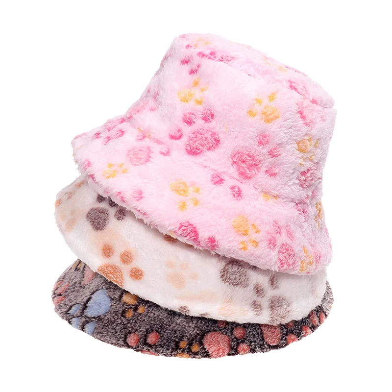 

2021 INS Japanese Cute Paw Print Plush Fisherman Hat Women All-match Outdoor Warm Panama Bob Hat Winter Gorras
