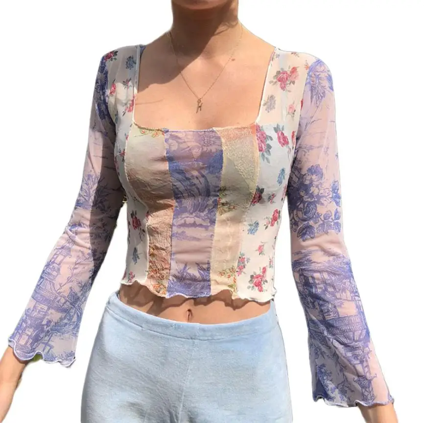 

Women Sheer Mesh Crop Tops Floral Print Long Sleeve Patchwork Lettuce Trim T-Shirts