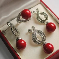 hot noble new jewelry silver plated 12mm vermilion red pearl pendant earring ring set 5 31